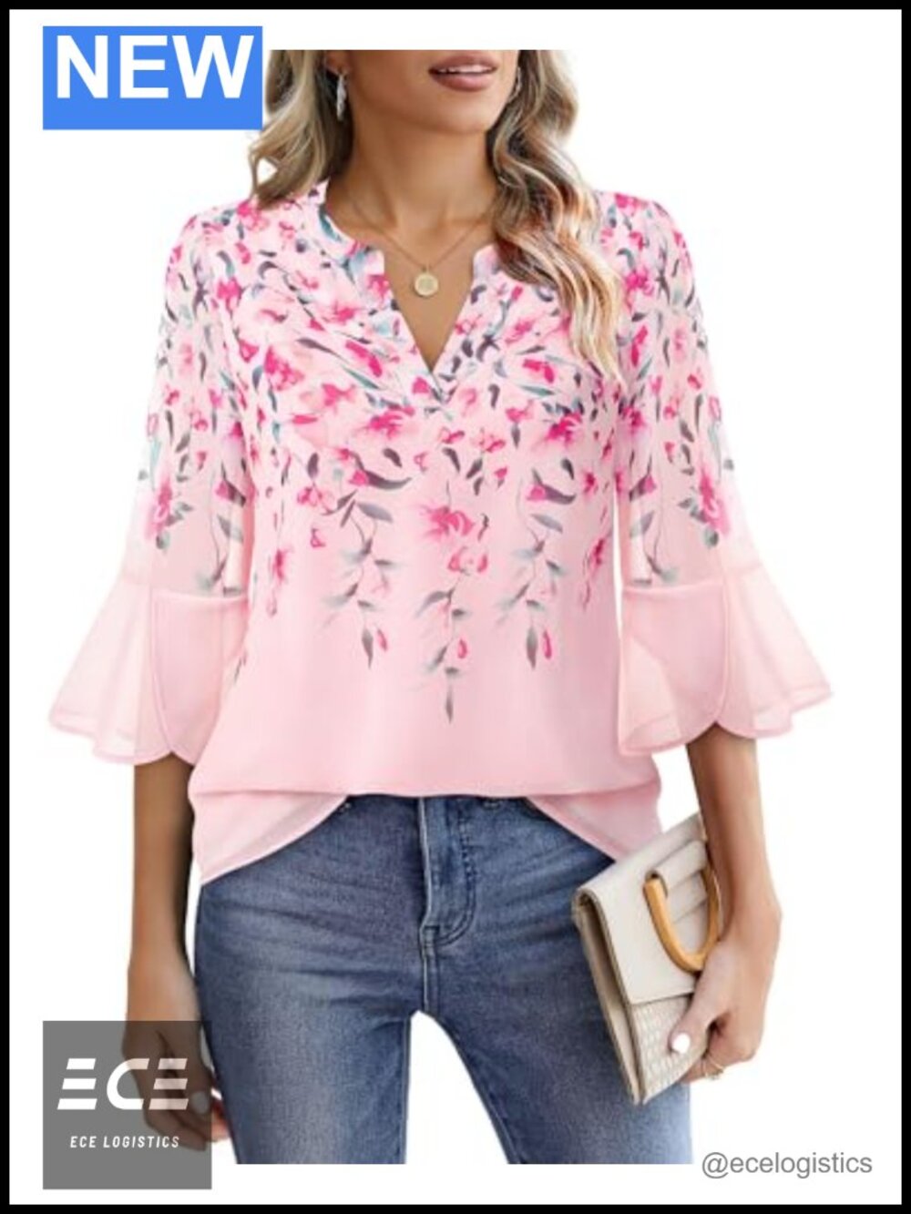 Womens 3/4 Sleeve Embroidered Chiffon Tunic Blouse Floral V-Neck Work Top
